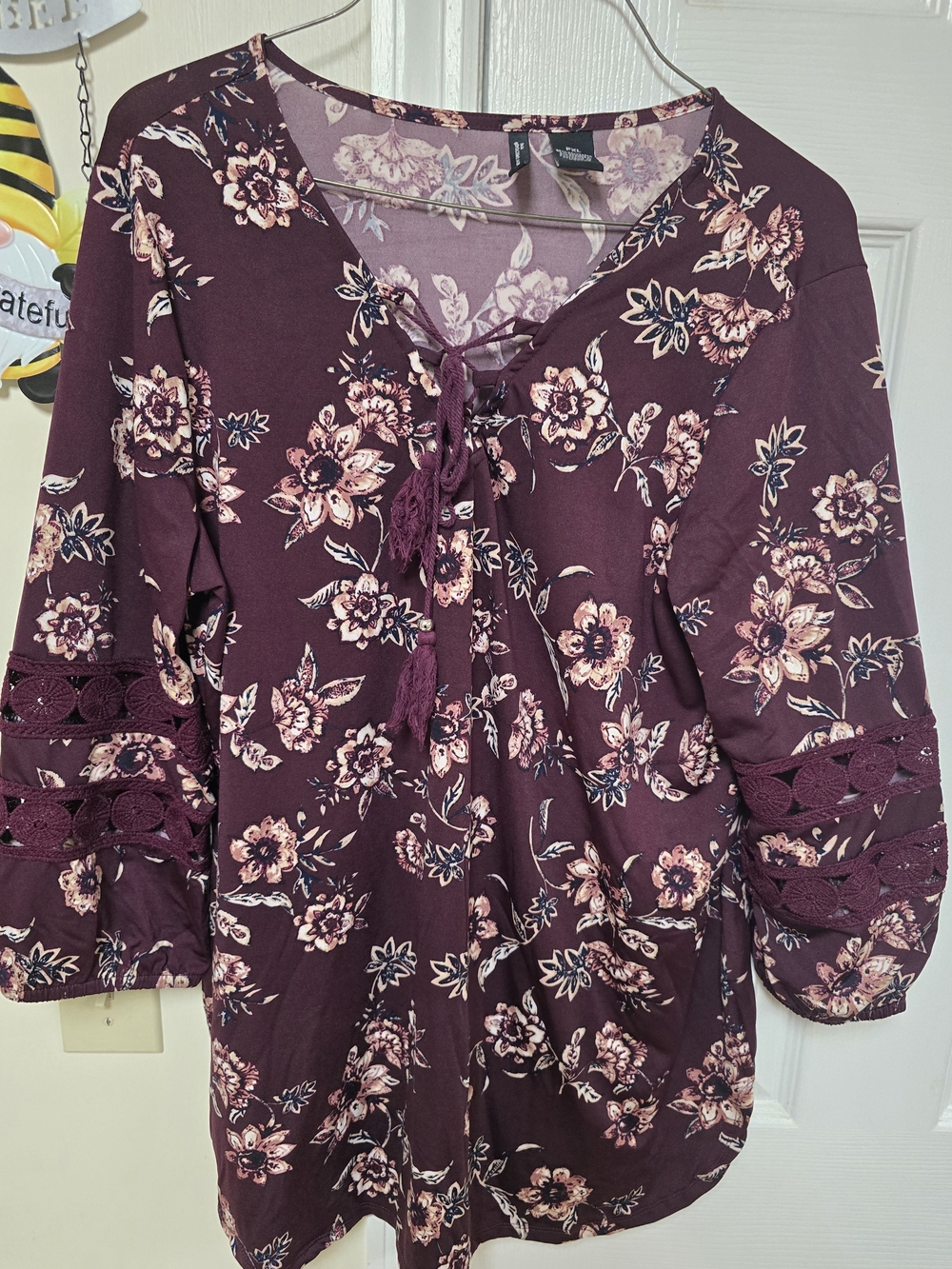 Floral Lace-Trim Boho Peasant Top - Burgundy